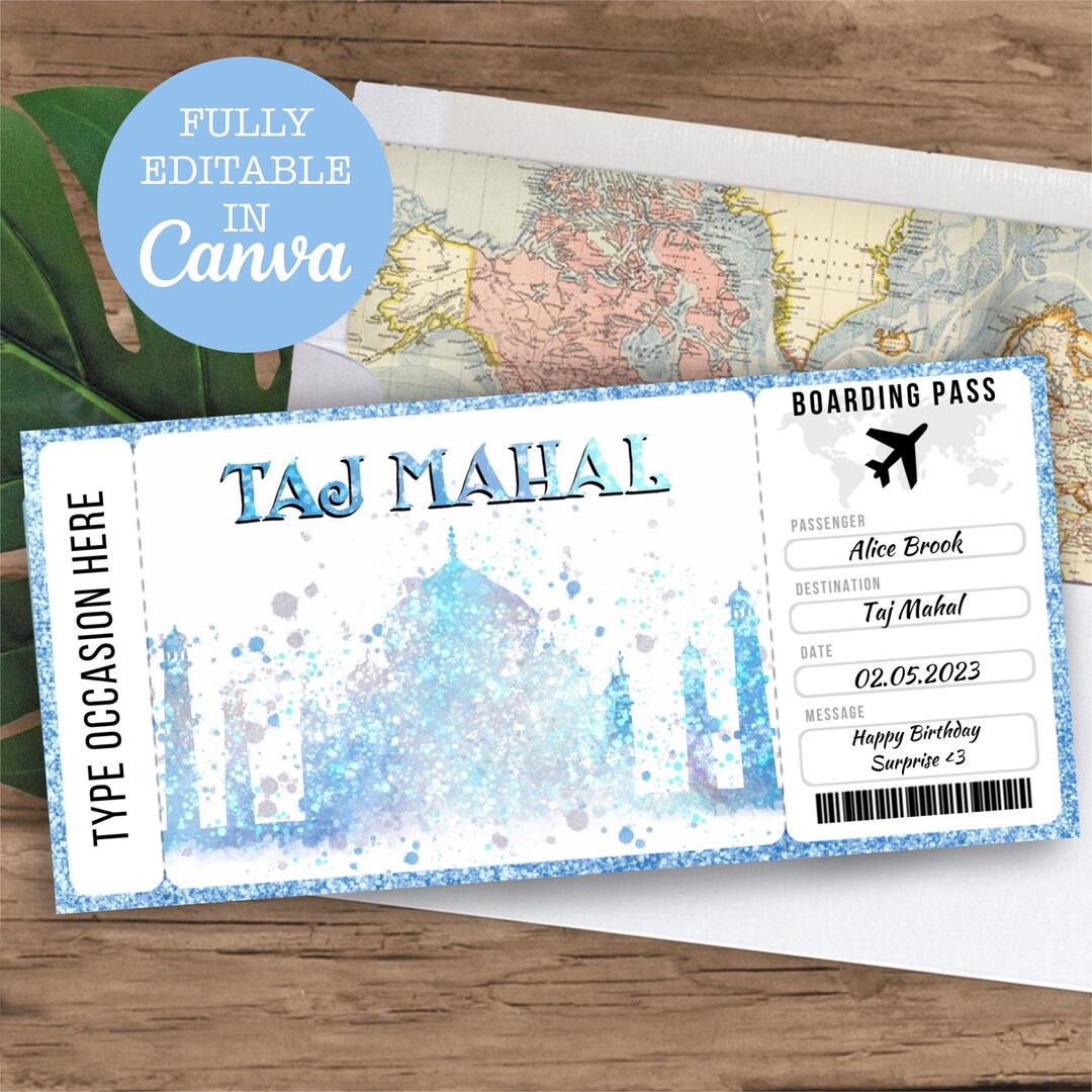 Taj Mahal India Boarding Pass Surprise Editable Flight Ticket Gift