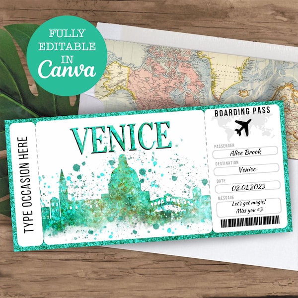 Venise Los Angeles Boarding Pass Surprise Editable Gift Ticket, Venice Skyline Siluet, Los Angeles Plane Ticket Template, Surprise ticket