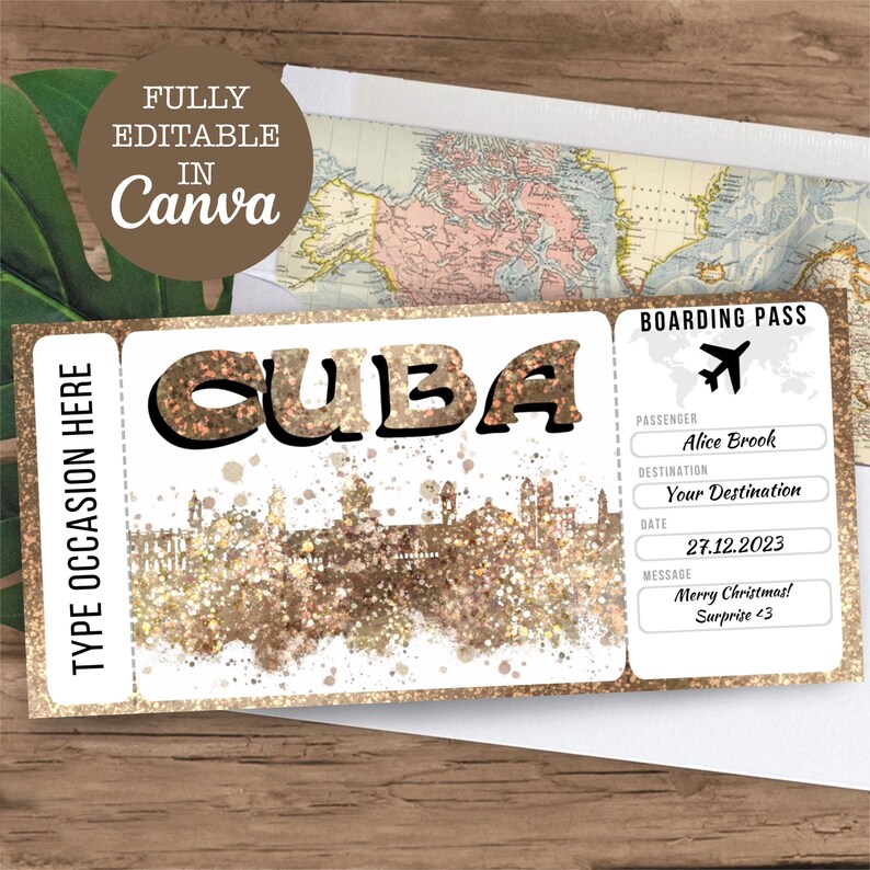Cuba Boarding Pass Surprise Editable Flight Ticket Gift, Cuba Flight ...