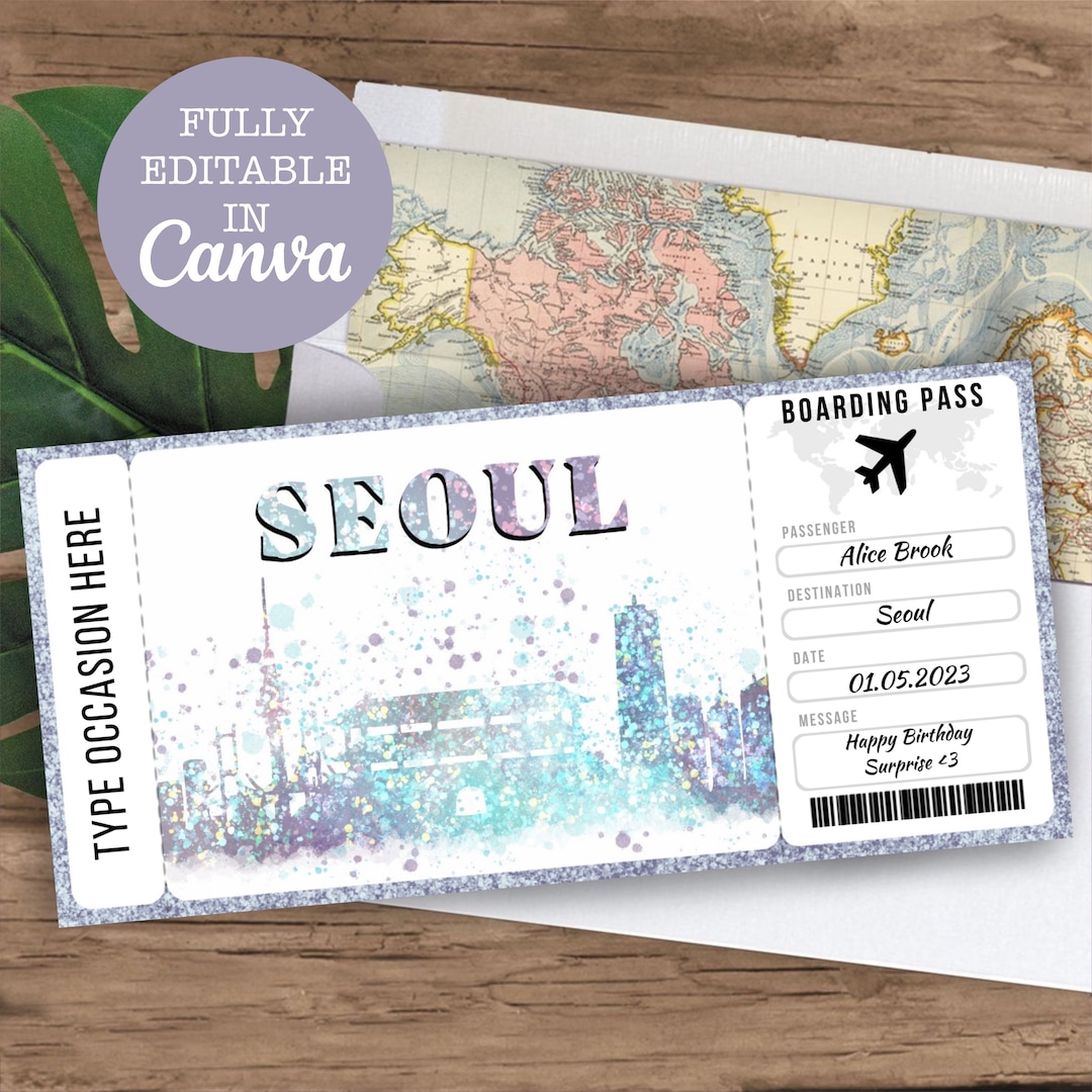 Seoul South Korea Boarding Pass Surprise Editable Flight Ticket Gift