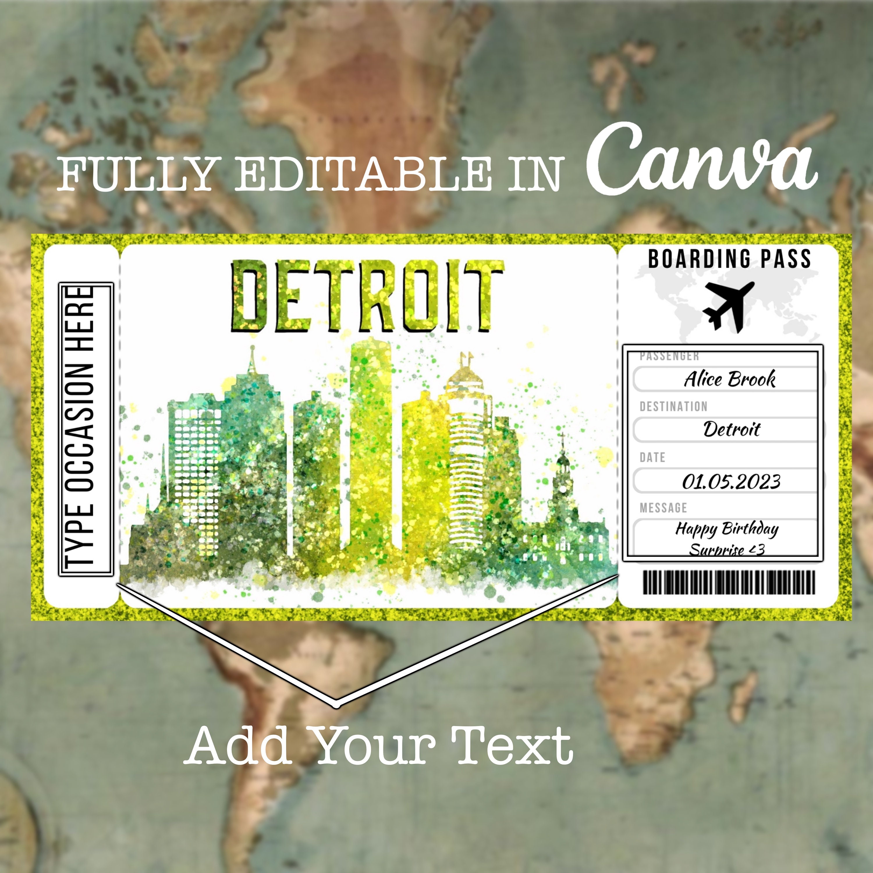 Detroit USA Boarding Pass Surprise Editable Flight Ticket Gift, Detroit