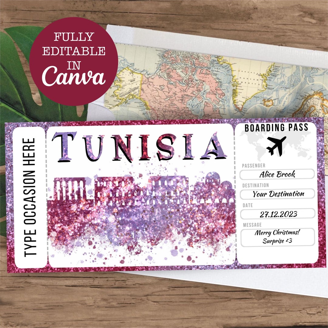 Tunisia Boarding Pass Surprise Editable Flight Ticket Gift, Tunisia ...