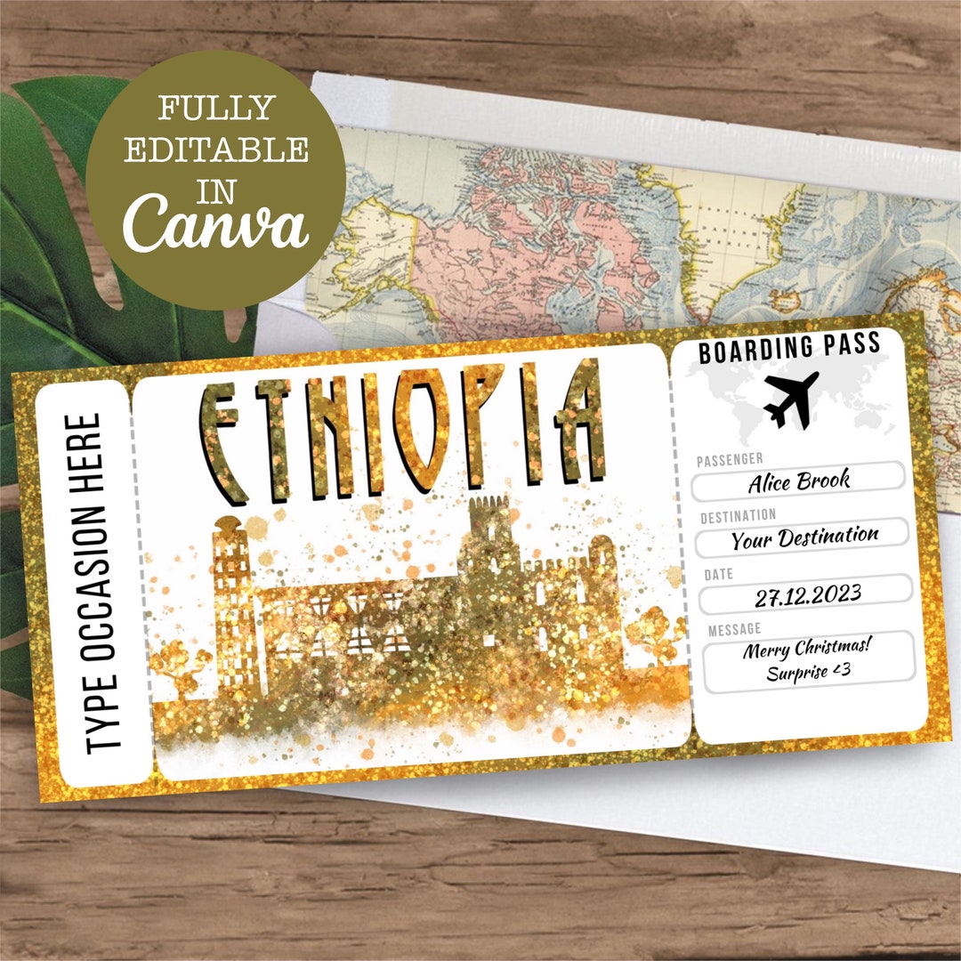 Ethiopia Boarding Pass Surprise Editable Flight Ticket Gift, Ethiopia