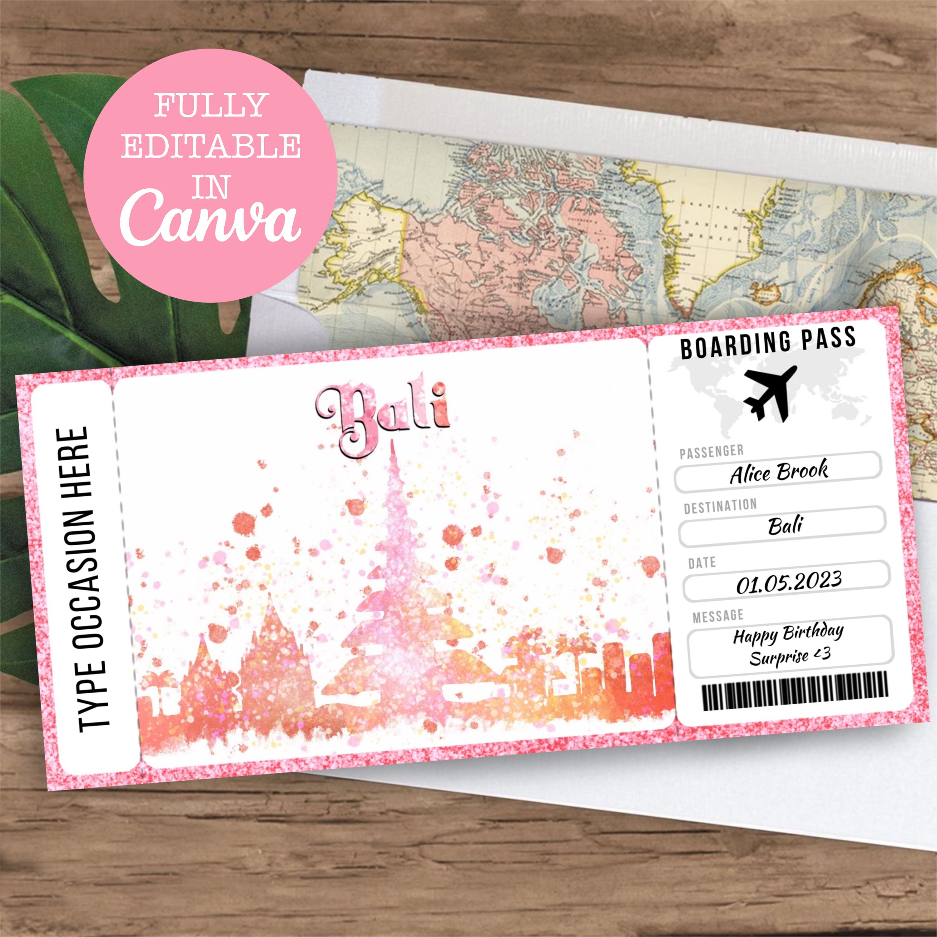 Bali Indonesia Boarding Pass Surprise Editable Flight Ticket Gift, Bali