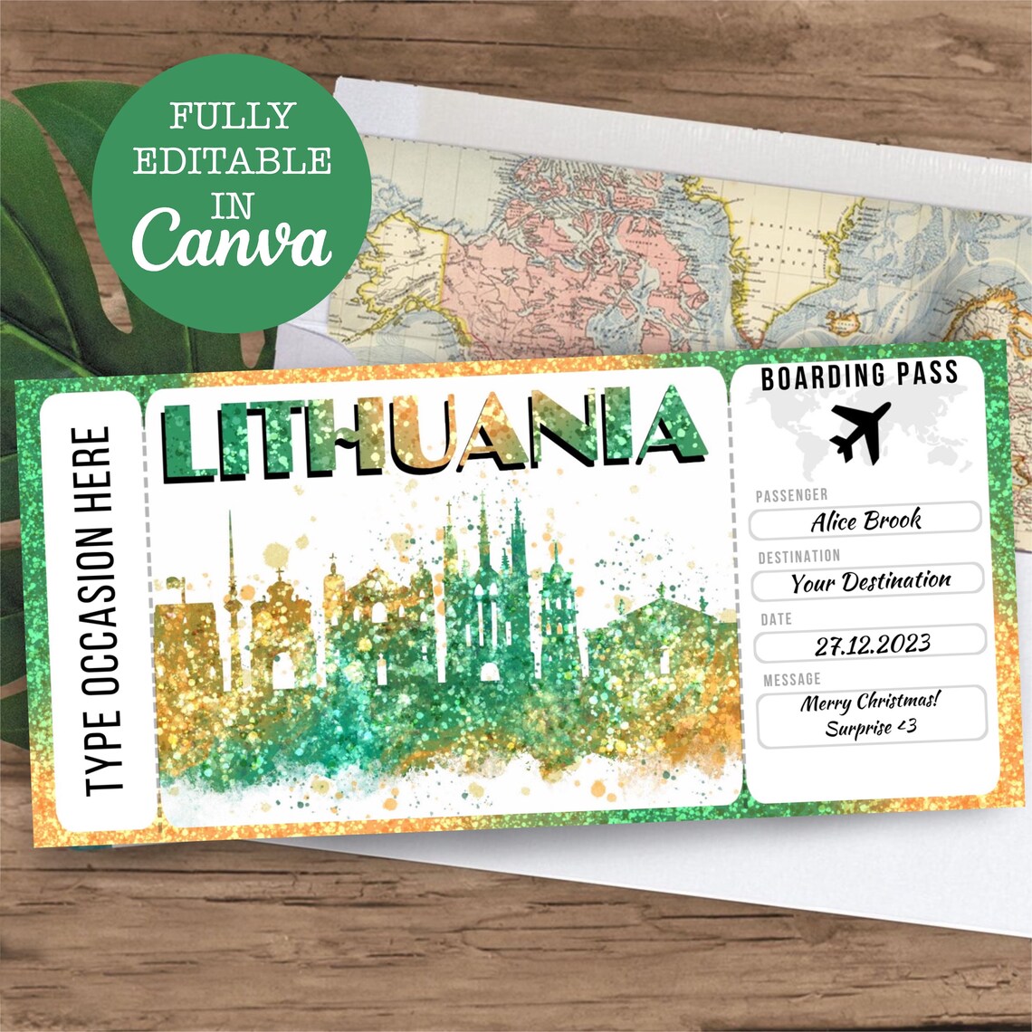 Lithuania Boarding Pass Surprise Editable Flight Ticket Gift, Lithuania