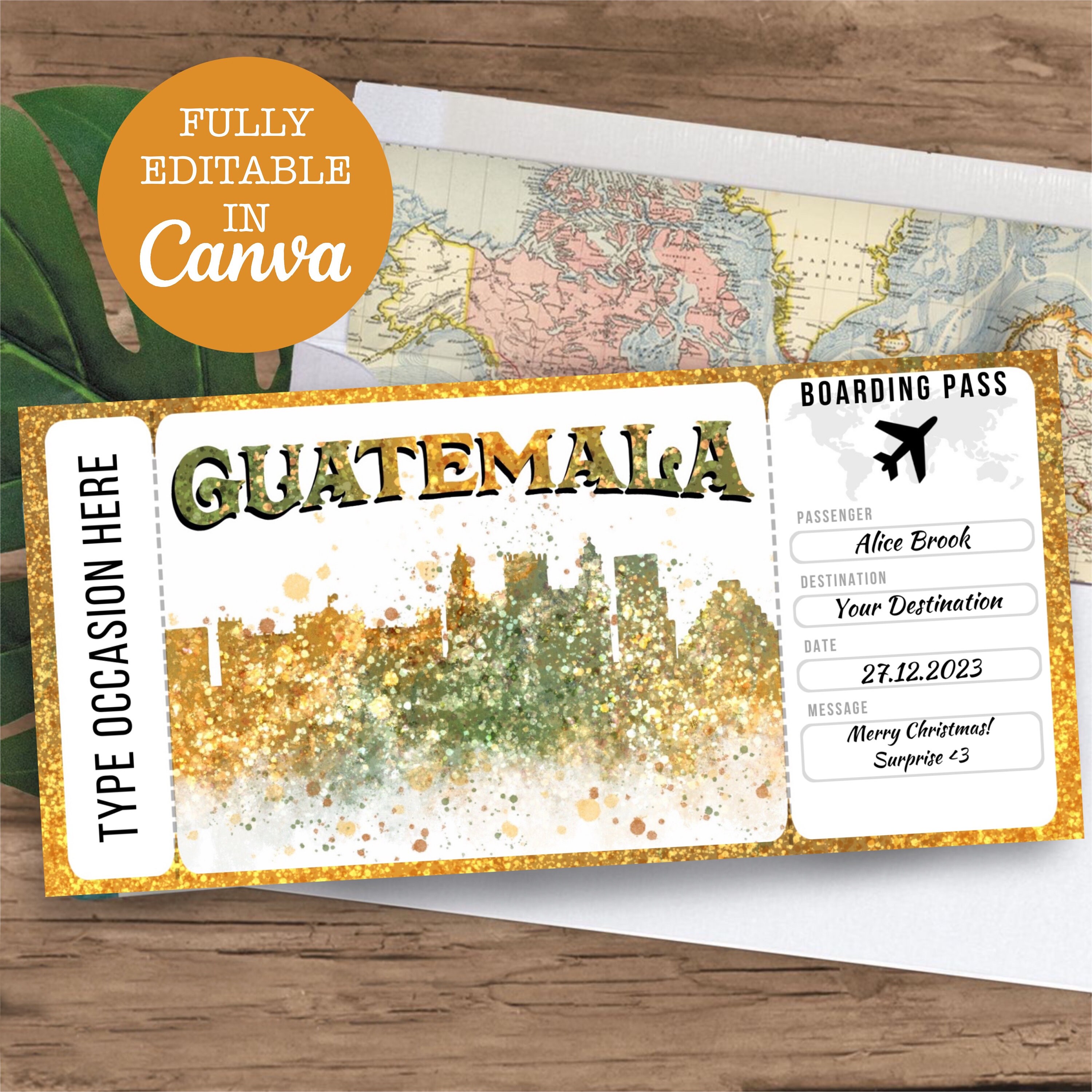 Guatemala Boarding Pass Surprise Editable Flight Ticket Gift, Guatemala