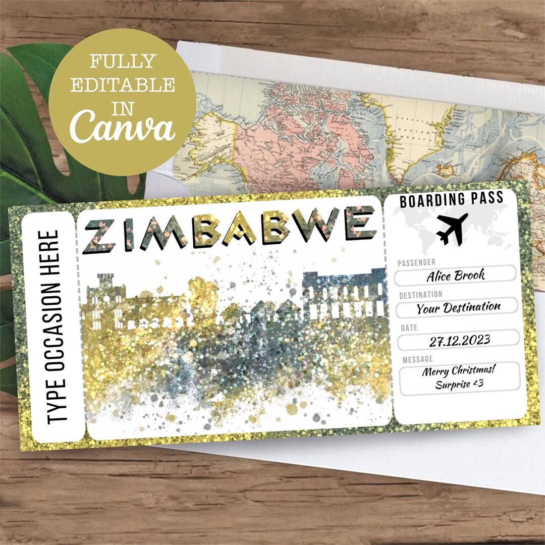 Zimbabwe Boarding Pass Surprise Editable Flight Ticket Gift, Zimbabwe