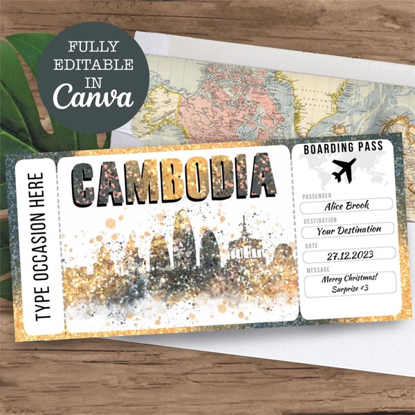 Cambodia Boarding Pass Surprise Editable Flight Ticket Gift, Cambodia Flight Ticket Printable, Flight Ticket Template, Surprise Travel gift