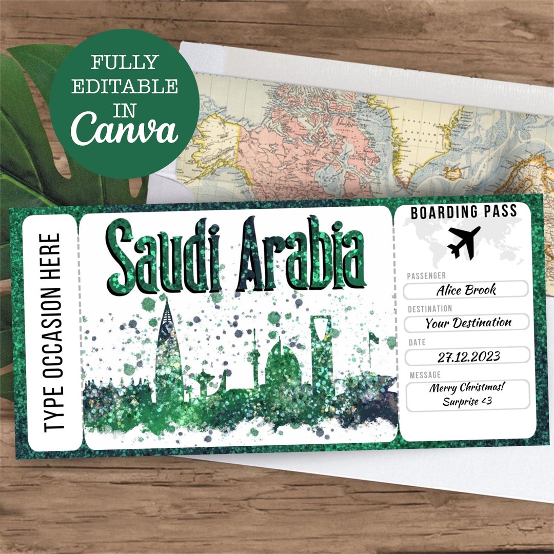 Saudi Arabia Boarding Pass Surprise Editable Flight Ticket Gift, Saudi