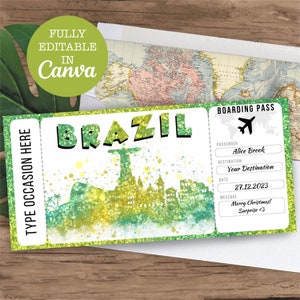 Brazil Boarding Pass Surprise Editable Flight Ticket Gift, Brazil Flight Ticket Printable, Flight Ticket Template, Surprise Travel gift