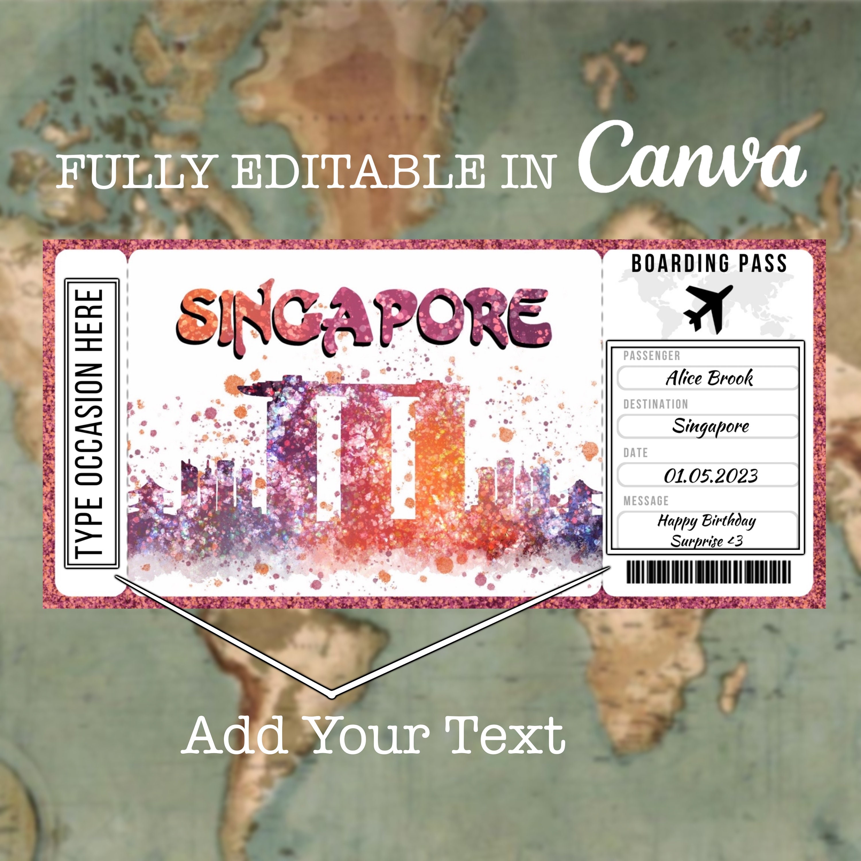Singapore Boarding Pass Surprise Editable Flight Ticket Gift, Singapore