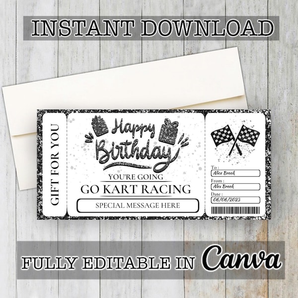 Geburtstags-Go Kart Racing Geschenkkartenvorlage, zum Erstellen unvergesslicher Geburtstagsgeschenke, druckbare Zertifikate, Gutscheine, Gutscheine und Kartenvorlagen