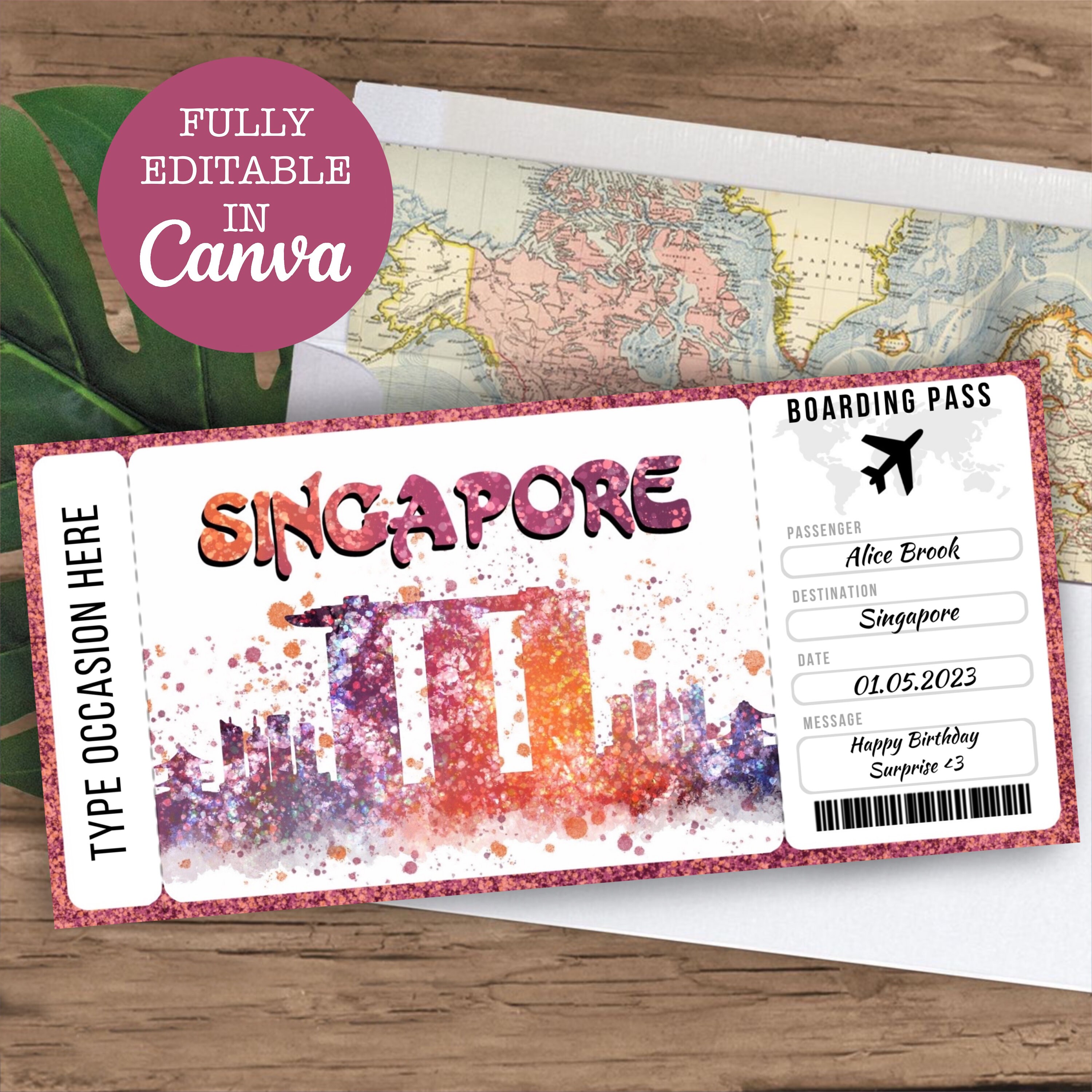Singapore Boarding Pass Surprise Editable Flight Ticket Gift, Singapore