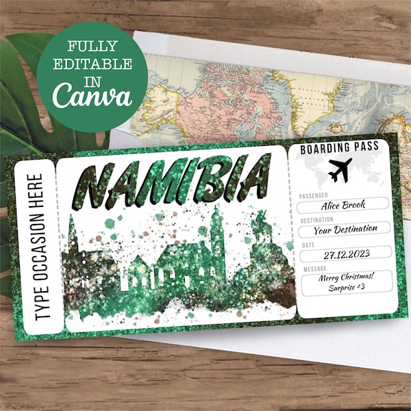 Namibia Boarding Pass Surprise Editable Flight Ticket Gift, Namibia Flight Ticket Printable, Flight Ticket Template, Surprise Travel gift