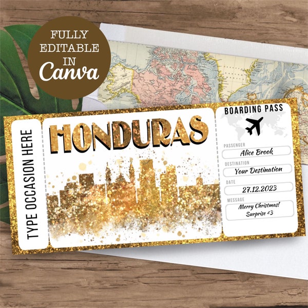 Carte d'embarquement pour le Honduras, cadeau modifiable surprise de billet d'avion, billet d'avion pour le Honduras imprimable, modèle de billet d'avion, cadeau de voyage surprise