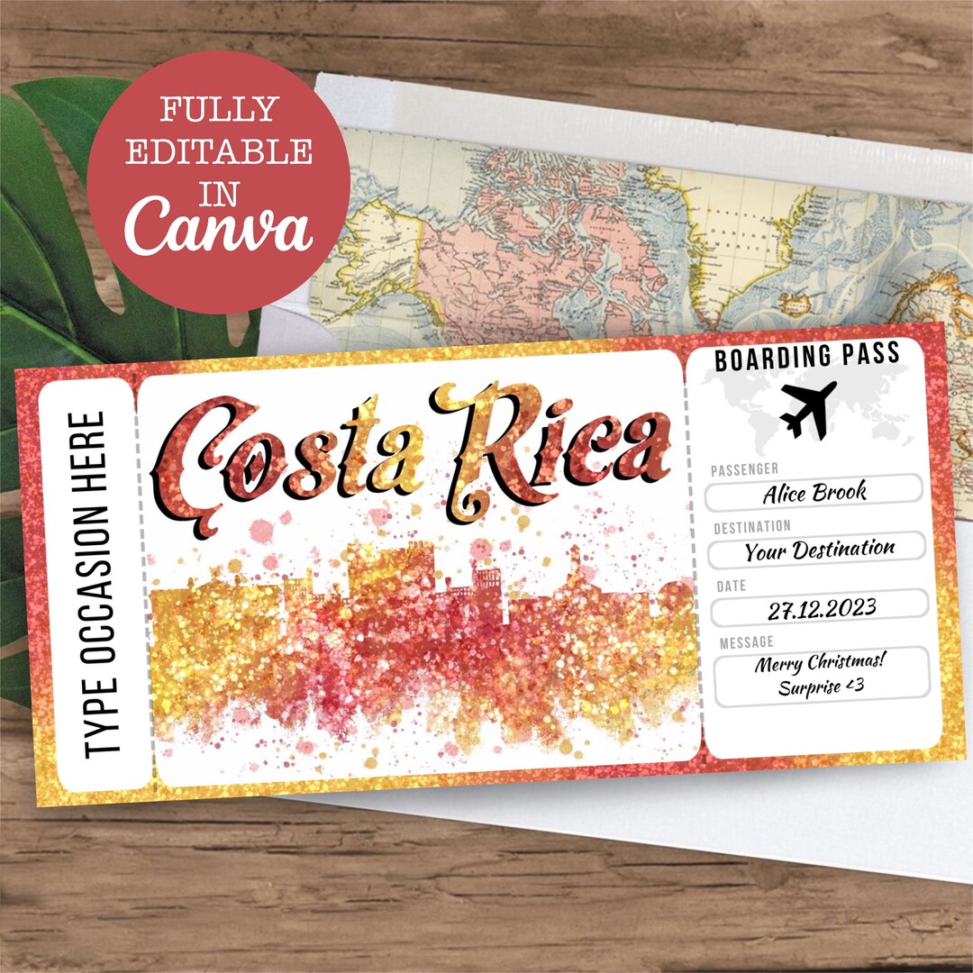 Tarjeta de embarque de Costa Rica Regalo de boleto de vuelo editable