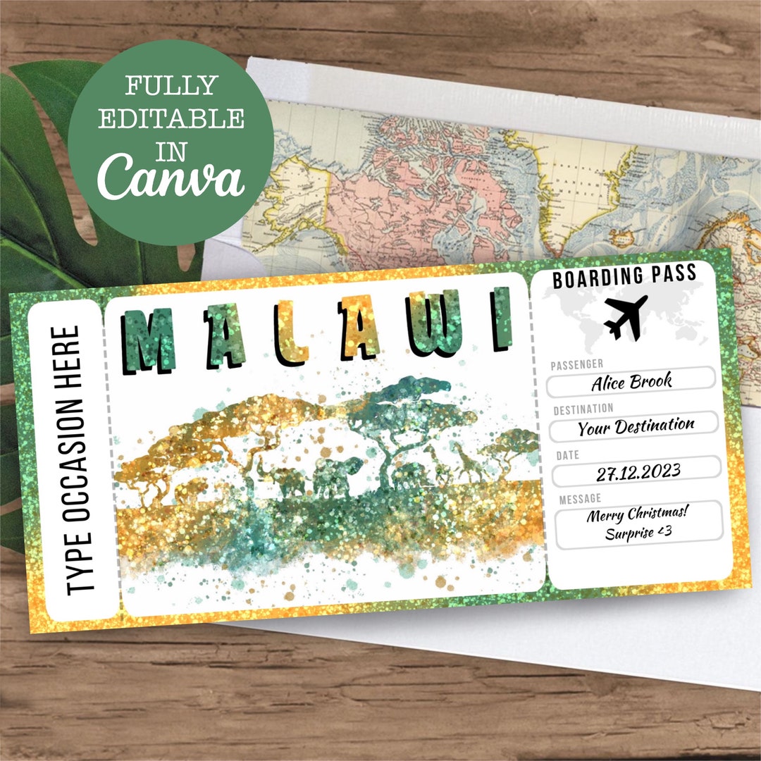 Malawi Boarding Pass Surprise Editable Flight Ticket Gift Etsy