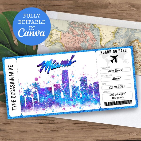 Miami Flight Ticket Template Etsy