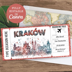Kraków Surprise Editable Flight Ticket Gift, Kraków Boarding Pass Printable, Plane Ticket Template, Surprise Travel Gift