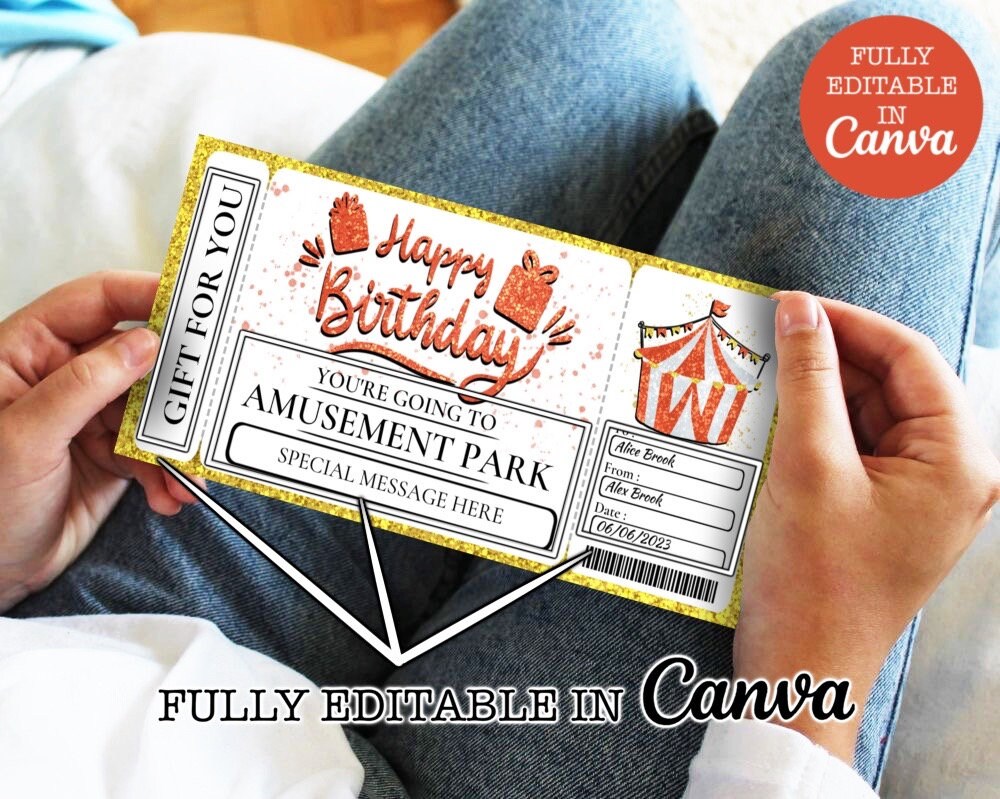 Birthday Amusement Park Gift Ticket Template, Create Memorable Birthday ...