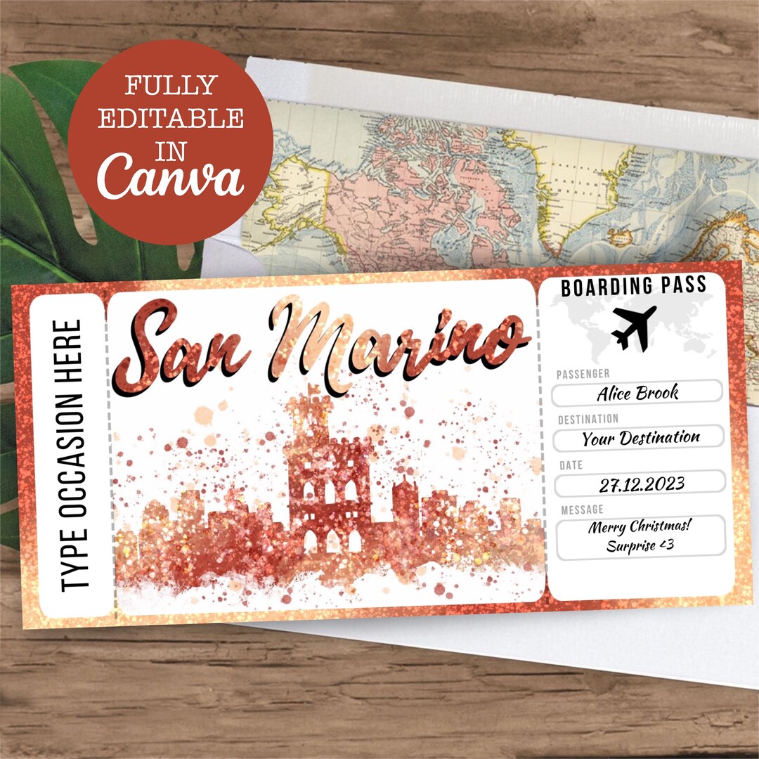 San Marino Boarding Pass Surprise Editable Flight Ticket Gift - Etsy