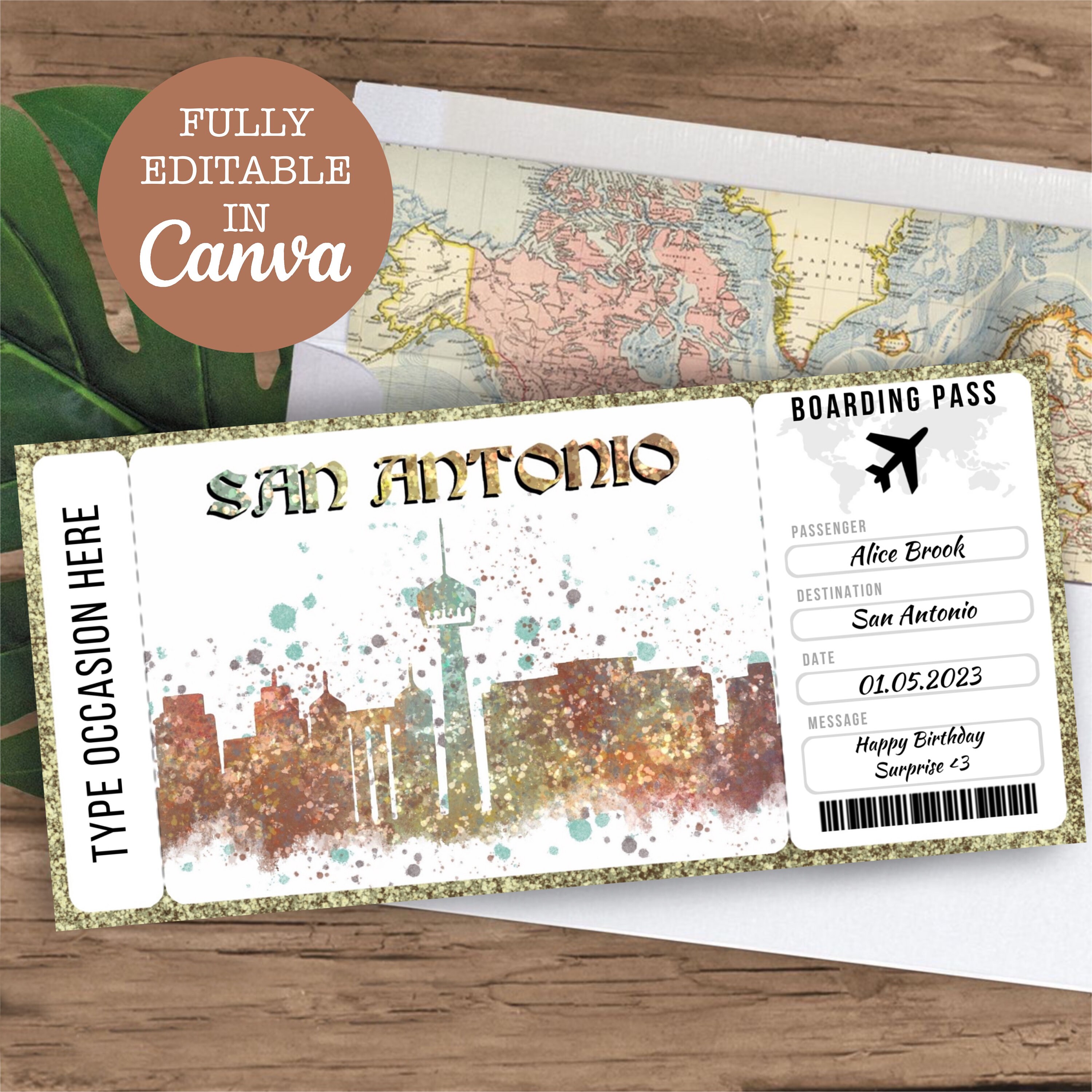 San Antonio Boarding Pass Surprise Editable Flight Ticket Gift, San