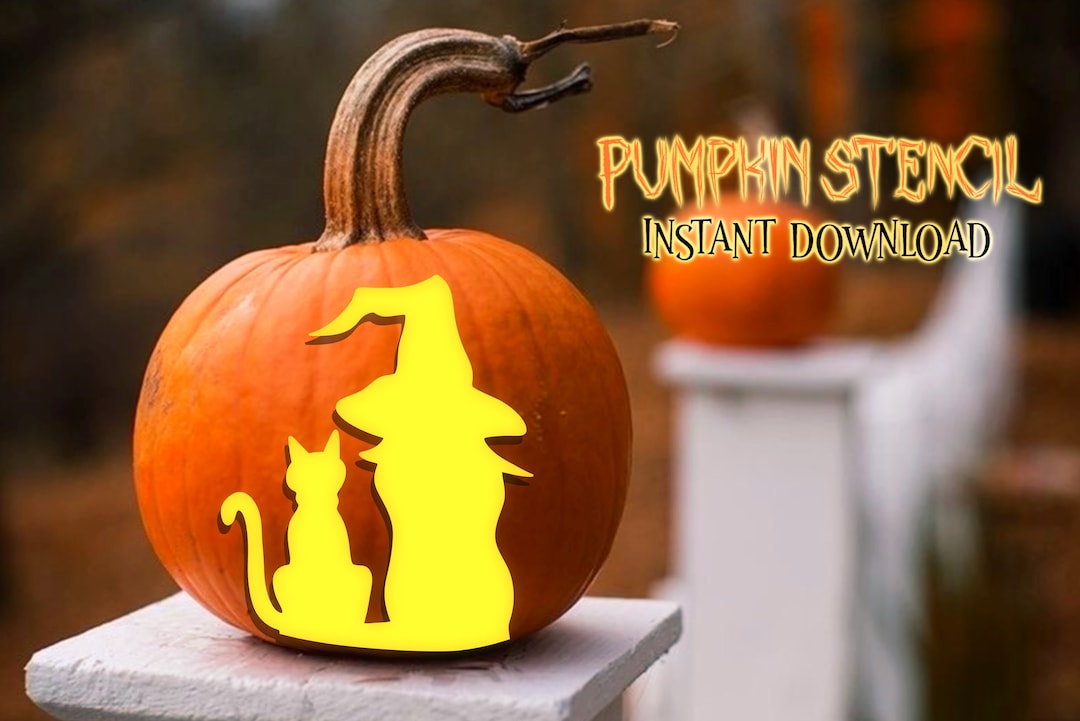 Witch and Cat Stencil, Printable Pumpkin Stencil, Pumpkin Witch and Cat ...