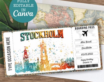 Stockholm Sweden Boarding Pass Surprise Editable Flight Ticket Gift, Stockholm Flight Ticket Printable, Flight Ticket Template, Surprise