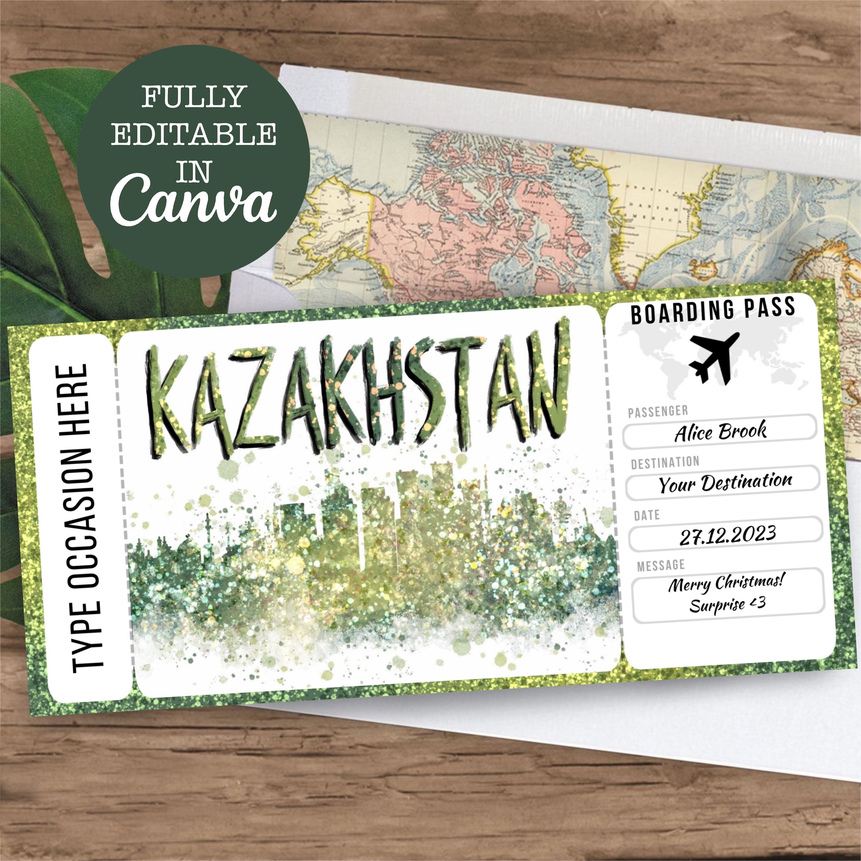 Kazakhstan Boarding Pass Surprise Editable Flight Ticket Gift