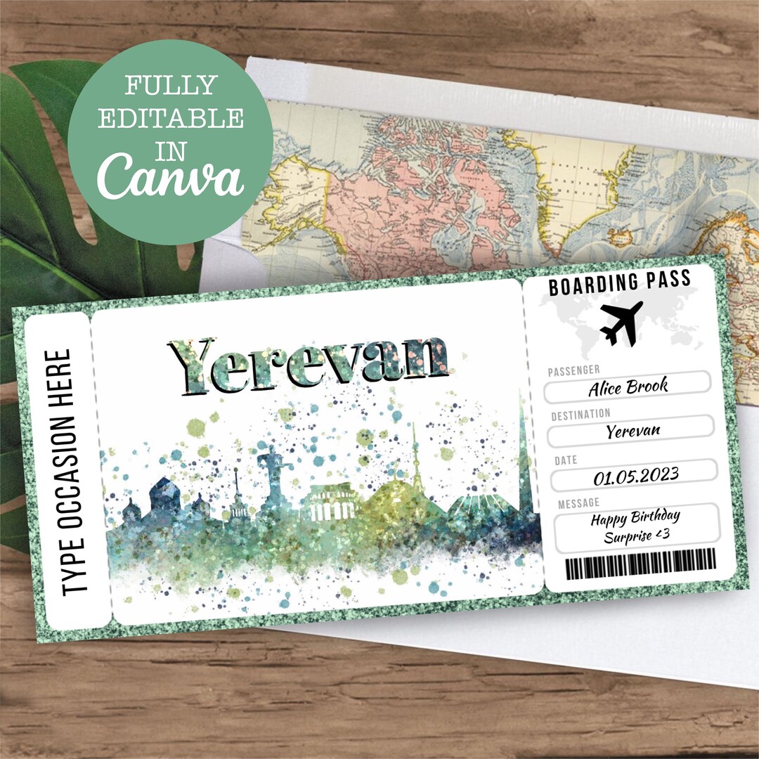 Yerevan Armenia Boarding Pass Surprise Editable Flight Ticket Gift