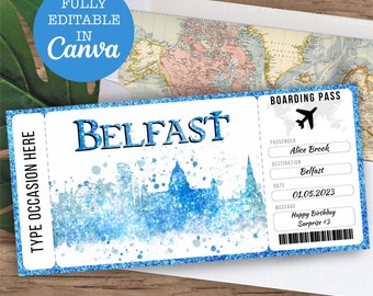 Belfast Boarding Pass Surprise Editable Flight Ticket Gift, Belfast Flight Ticket Printable, Flight Ticket Template, Surprise Travel