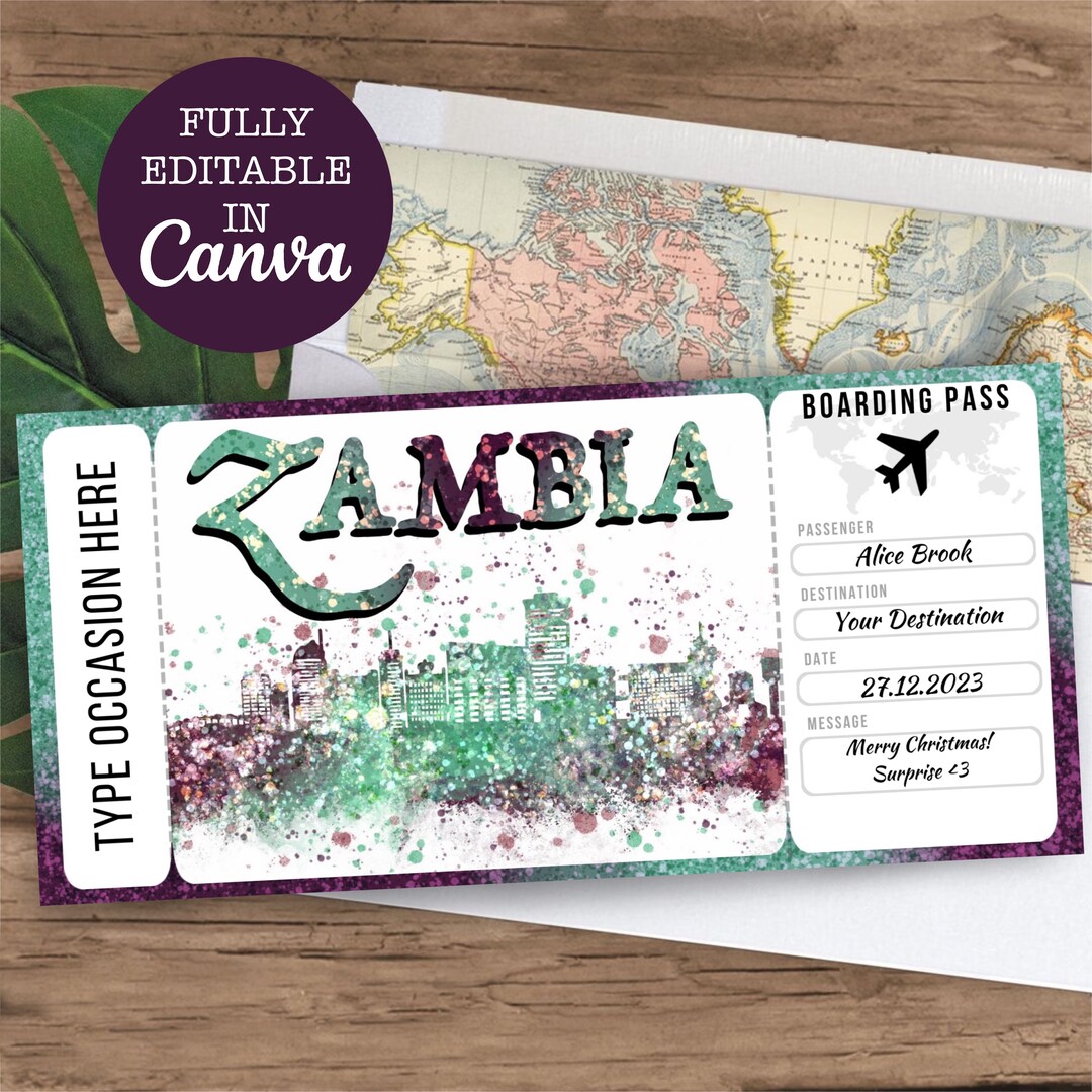 Zambia Boarding Pass Surprise Editable Flight Ticket Gift Etsy UK