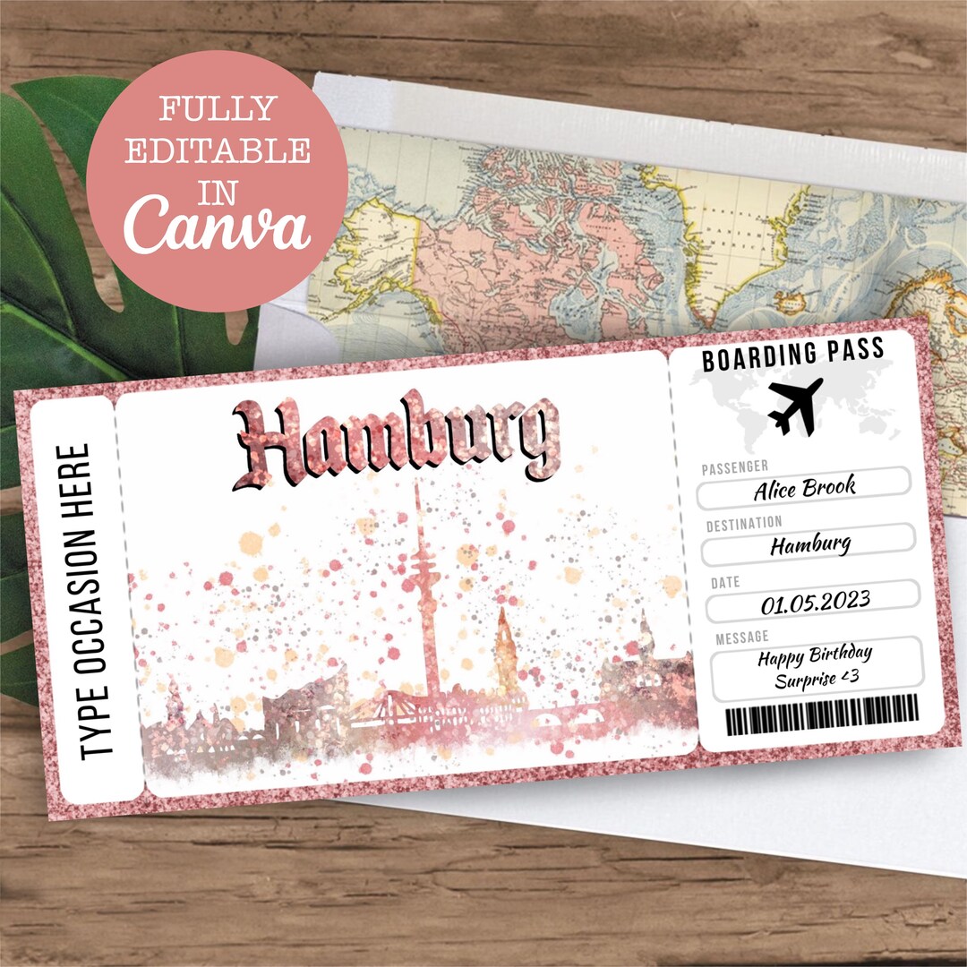 Hamburg Germany Boarding Pass Surprise Editable Flight Ticket Gift, Hamburg Flight Ticket