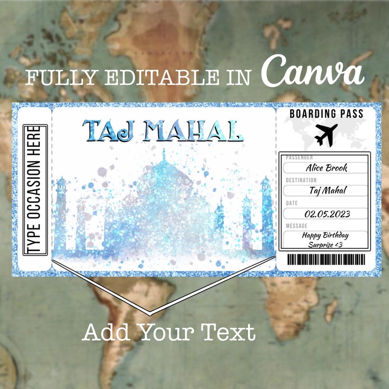 Taj Mahal India Boarding Pass Surprise Editable Flight Ticket Gift, India Flight Ticket