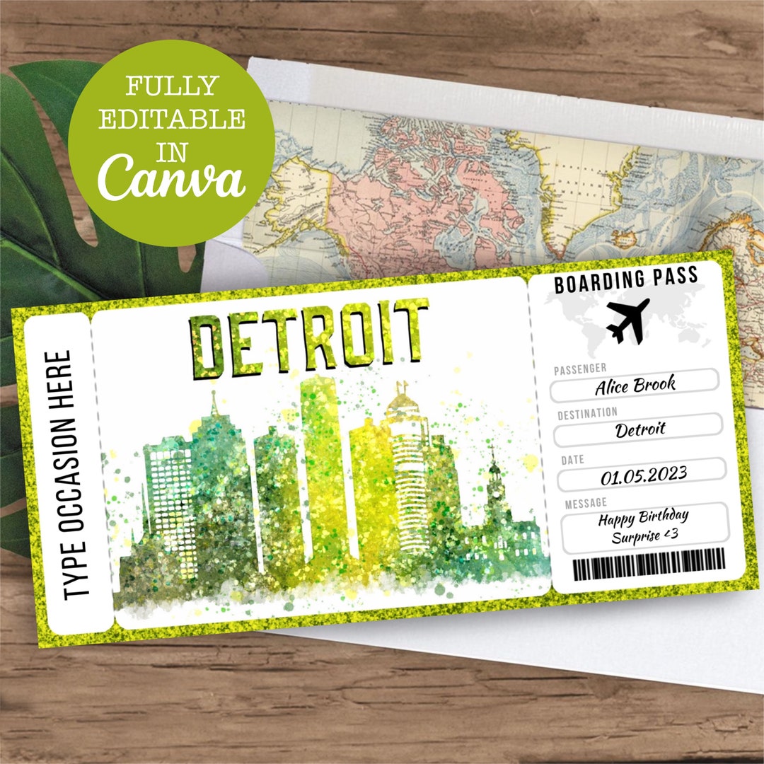 Detroit USA Boarding Pass Surprise Editable Flight Ticket Gift, Detroit