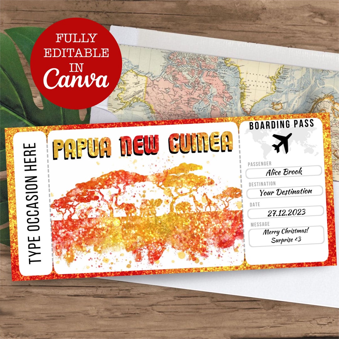 Papua New Guinea Boarding Pass Surprise Editable Flight Ticket Gift