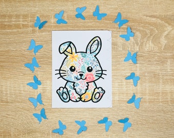 Carte de Pâques - Le lapin coloré - Carte de Pâques - fait main