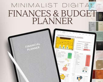 May include: A digital financial planner on a tablet screen with the text "Monthly Finances Planning" and a section for income, expenses, and investments. The tablet is on a gray background with the text "Minimalist Digital Finances & Budget Planner" and "Financial Planner" on the screen.