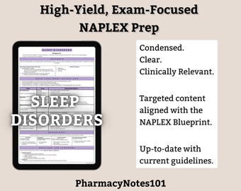 Sleep Disorders Study Guide, NAPLEX, Pharmacy School Notes, Pharmacy Student Study Guide, Digital Download