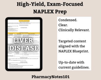 Liver Disease Study Guide, NAPLEX Prep, NAPLEX Review, Pharmacy School Notes, Pharmacy Student Study Guide, Digital Download