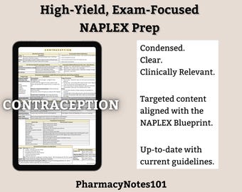 Contraception Study Guide, NAPLEX Prep, NAPLEX Review, Pharmacy School Notes, Pharmacy Student Study Guide, Digital Download