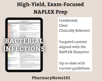 Guida allo studio sulle infezioni batteriche, preparazione al NAPLEX, appunti per la facoltà di farmacia, guida allo studio per studenti di farmacia, revisione del NAPLEX, download digitale