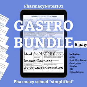 May include: A blue tablet screen displaying a study guide for gastrointestinal conditions. The guide is titled "Gastro Bundle" and includes information on GERD, Peptic Ulcer Disease, Constipation, Diarrhea, IBD, and Motion Sickness. The text "Ideal for NAPLEX prep" is also visible on the screen.