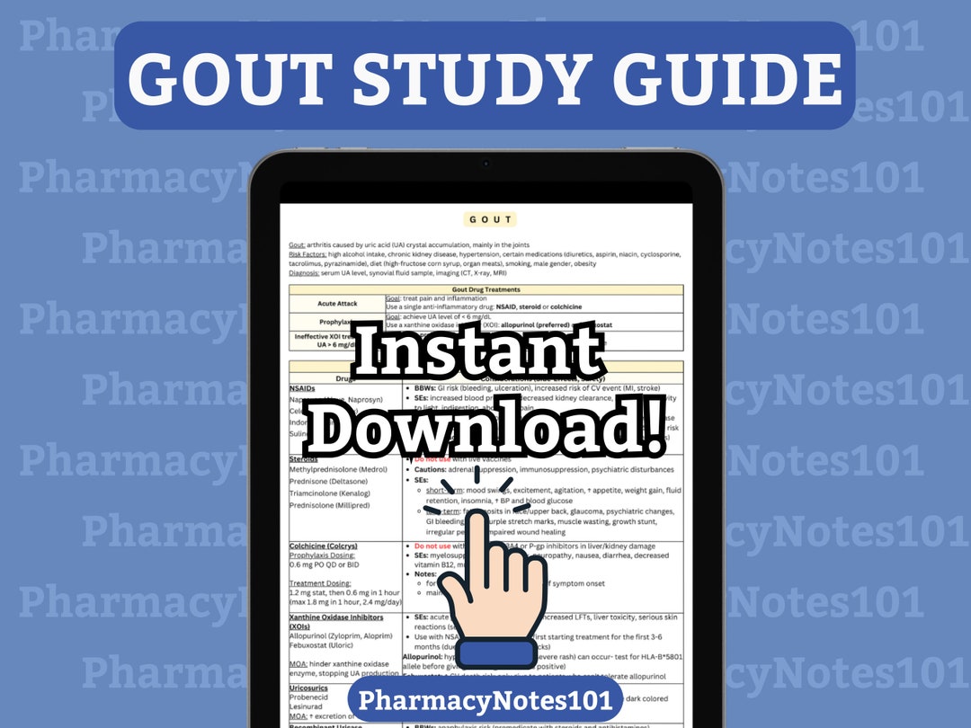 Gout Study Guide, NAPLEX, Pharmacy School Notes, Pharmacy Student Study