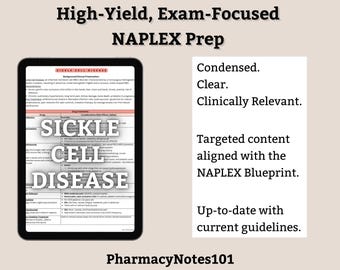 Sickle Cell Disease Study Guide, NAPLEX Prep, NAPLEX Review, Pharmacy School Notes, Pharmacy Student Study Guide, Digital Download