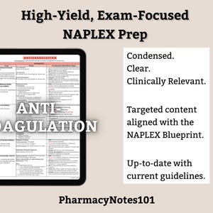 Anticoagulation Study Guide, NAPLEX Prep, NAPLEX Review, Pharmacy School Notes, Pharmacy Student Study Guide, Digital Download