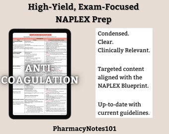 Anticoagulation Study Guide, NAPLEX Prep, NAPLEX Review, Pharmacy School Notes, Pharmacy Student Study Guide, Digital Download