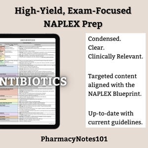 Antibiotics Cheat Sheet, NAPLEX Prep, NAPLEX Review, Pharmacy School Notes, Pharmacy Student Study Guide, Digital Download