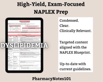 Dyslipidemia Study Guide, NAPLEX Prep, NAPLEX Review, Pharmacy School Notes, Pharmacy Student Study Guide, Digital Download