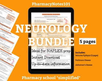 Neurology Notes, NAPLEX, Pharmacy School Notes, Pharmacy Student Study Guide, Digital Download